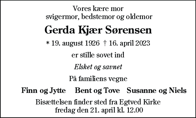 Dødsannonce for Gerda Kjær Sørensen