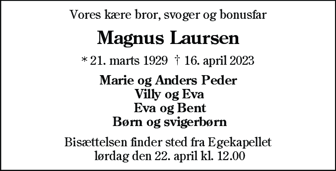 Dødsannonce for Magnus Laursen