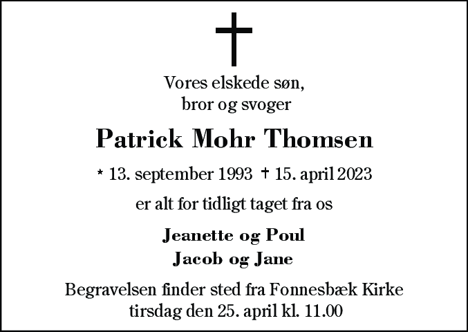 Dødsannonce for Patrick Mohr Thomsen