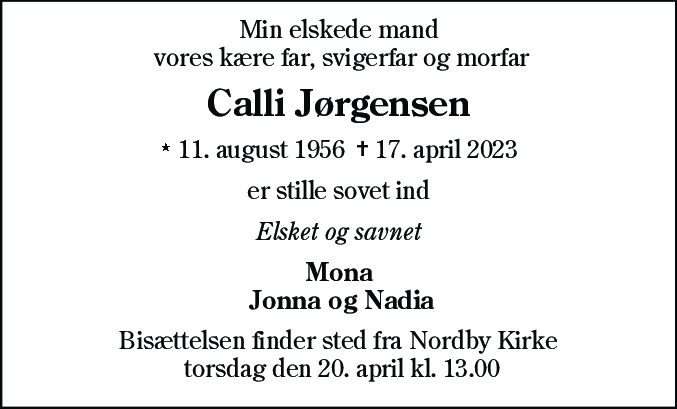 Dødsannonce for Calli Jørgensen