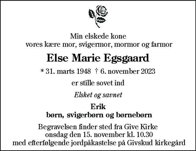 Dødsannonce for Else Marie Egsgaard