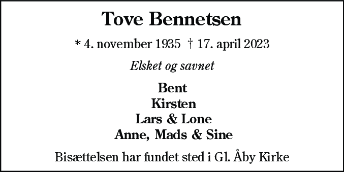 Dødsannonce for Tove Bennetsen