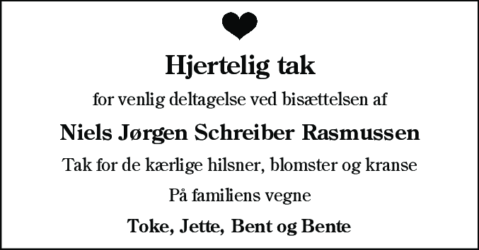 Dødsannonce for Niels Jørgen Schreiber Rasmussen