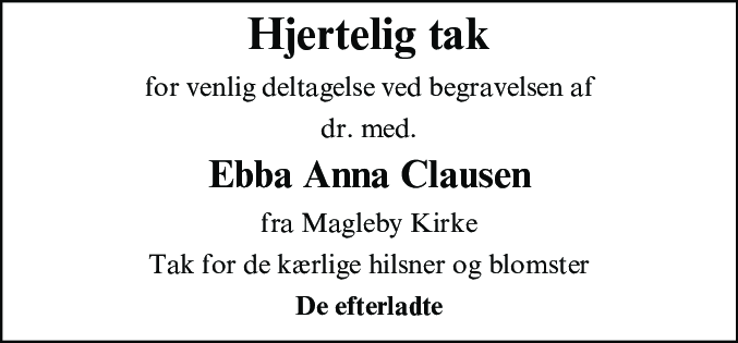Dødsannonce for Ebba Anna Clausen