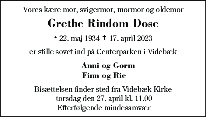 Dødsannonce for Grethe Rindom Dose