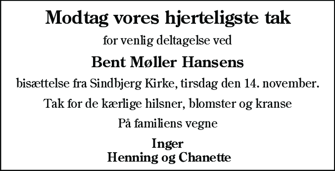 Dødsannonce for Bent Møller Hansen
