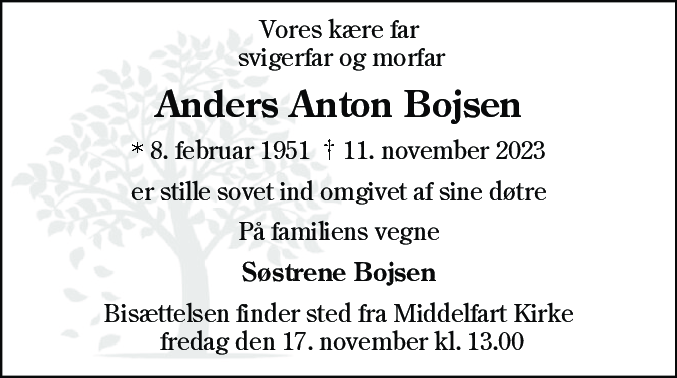 Dødsannonce for Anders Anton Bojsen