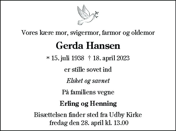 Dødsannonce for Gerda Marie Hansen