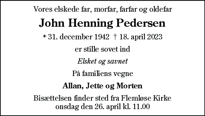 Dødsannonce for John Henning Pedersen