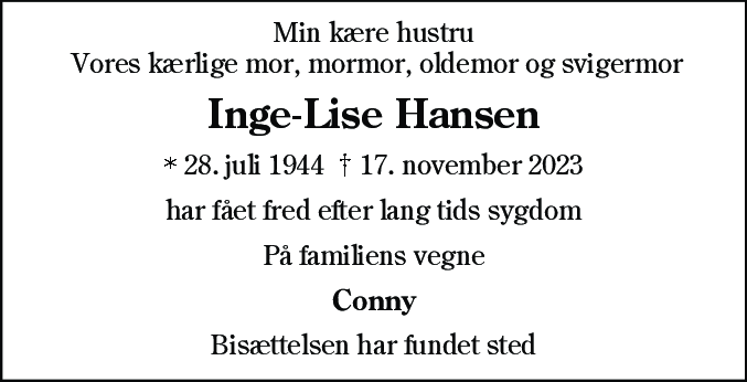 Dødsannonce for Inge-Lise Hansen