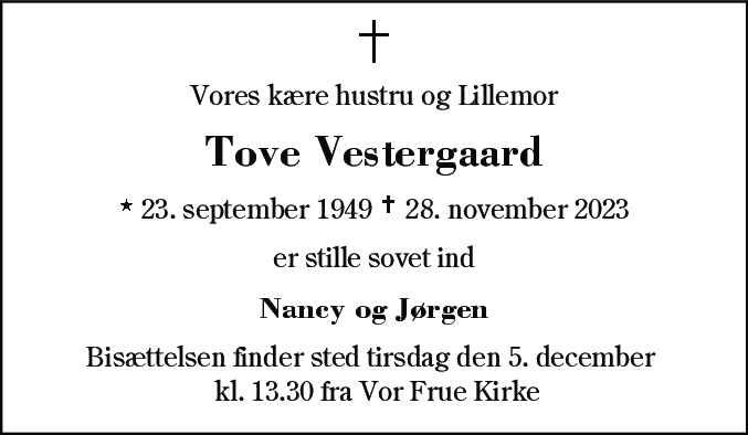 Dødsannonce for Tove Vendelin Vestergaard
