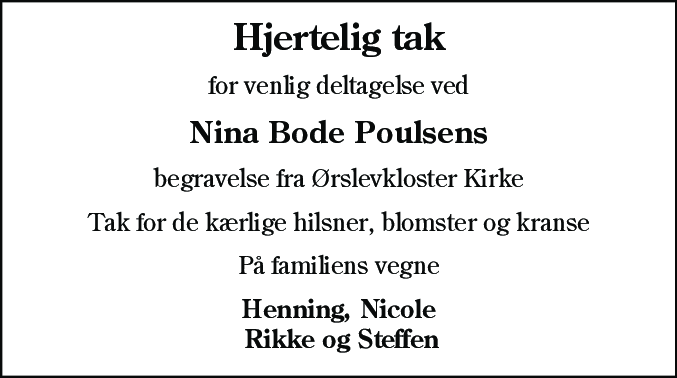 Dødsannonce for Nina Bode Poulsen
