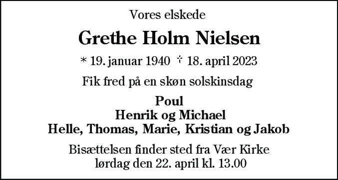 Dødsannonce for Grethe Holm Nielsen