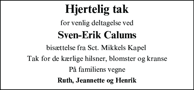 Dødsannonce for Sven-Erik Calum