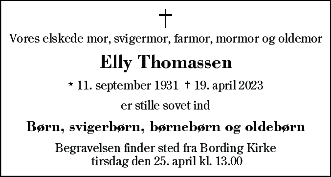 Dødsannonce for Elly Thomassen