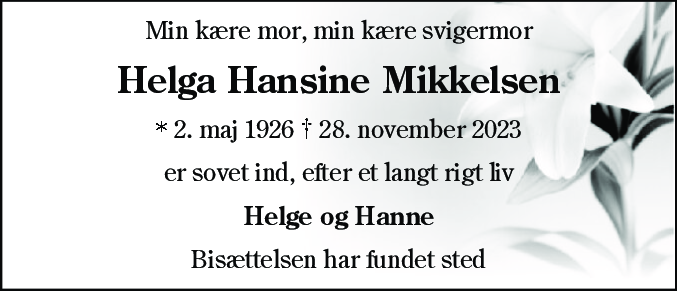 Dødsannonce for Helga Hansine Mikkelsen