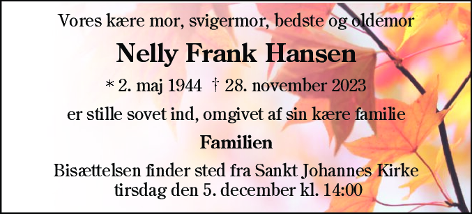 Dødsannonce for Nelly Frank Hansen