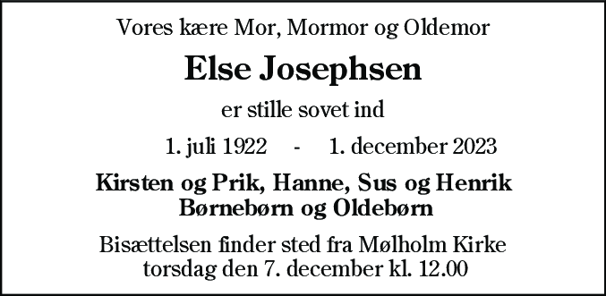 Dødsannonce for Else Solveig Josephsen