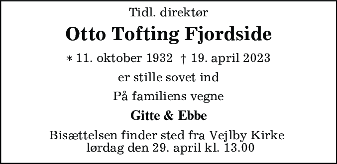 Dødsannonce for Otto Tofting Fjordside
