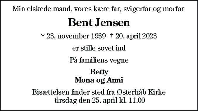 Dødsannonce for Bent Jensen