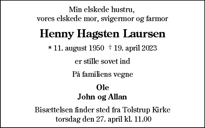 Dødsannonce for Henny Hagsten Laursen