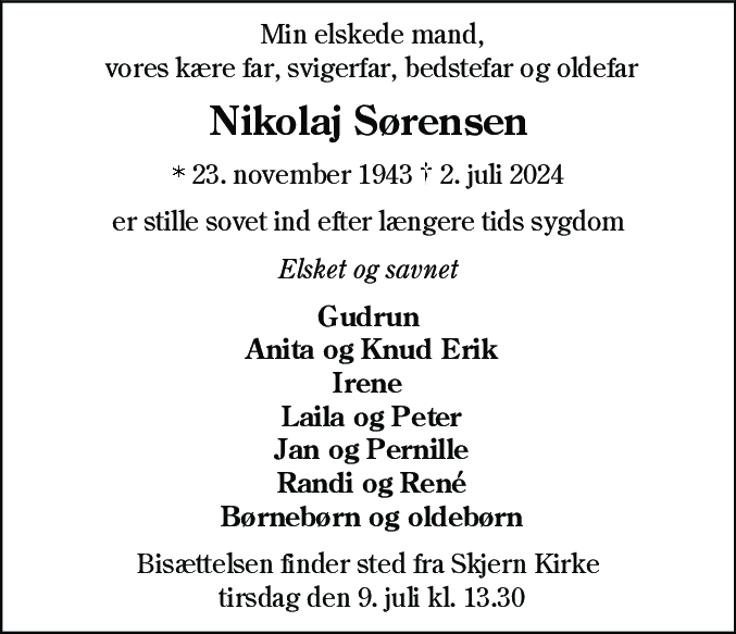 Dødsannonce for Nikolaj Sørensen