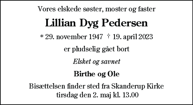 Dødsannonce for Lillian Dyg Pedersen