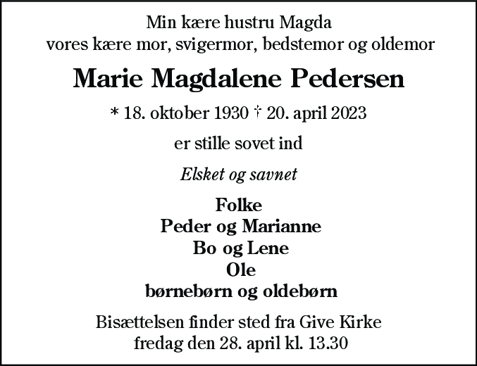 Dødsannonce for Marie Magdalene Pedersen