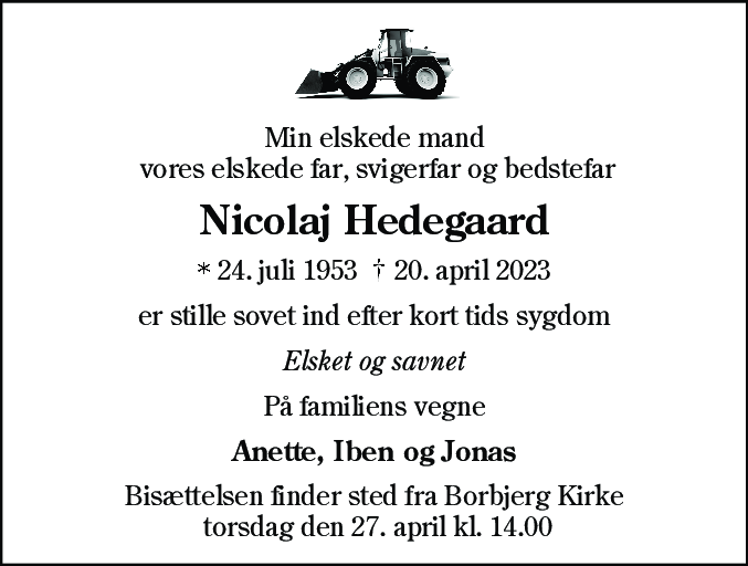 Dødsannonce for Nicolaj Hedegaard