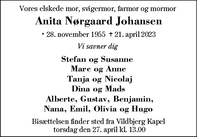 Dødsannonce for Anita Nørgaard Johansen