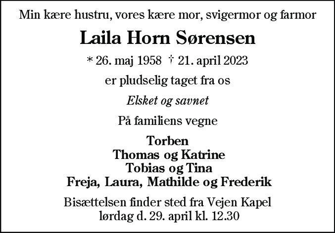Dødsannonce for Laila Horn Sørensen