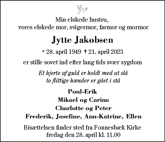 Dødsannonce for Jytte Jakobsen