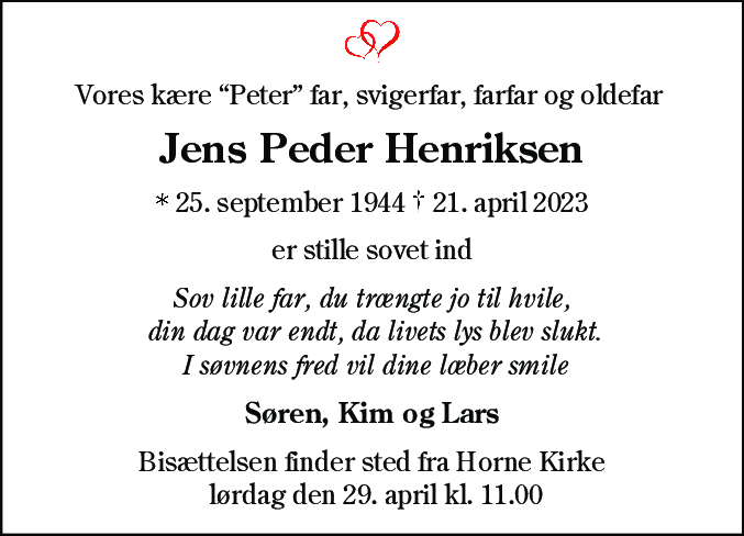 Dødsannonce for Jens Peder Henriksen