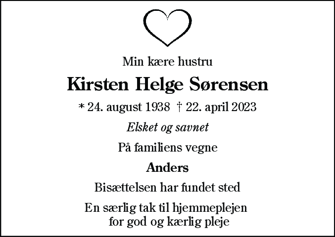 Dødsannonce for Kirsten Helge Sørensen
