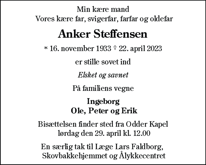Dødsannonce for Anker Steffensen