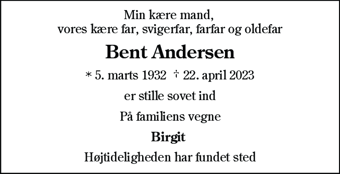 Dødsannonce for Bent Andersen
