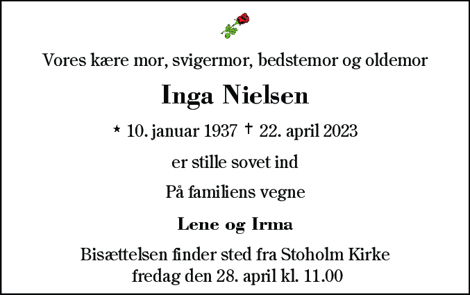 Dødsannonce for Inga Nielsen