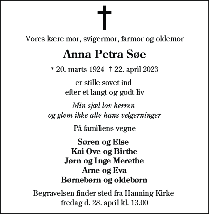 Dødsannonce for Anna Petra Søe