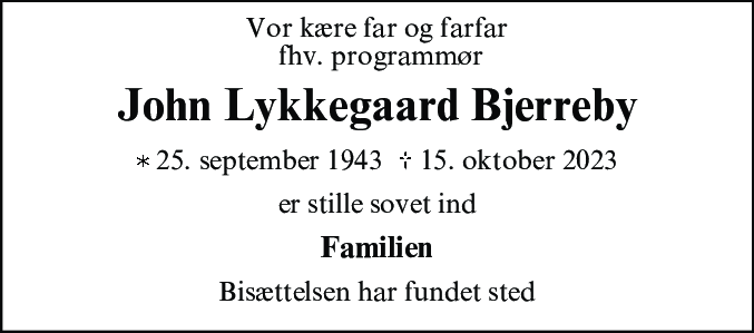 Dødsannonce for John Lykkegaard Bjerreby