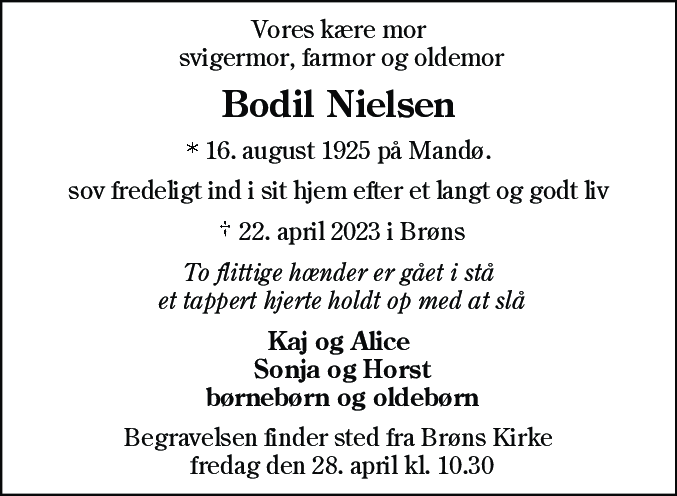 Dødsannonce for Bodil Nielsen