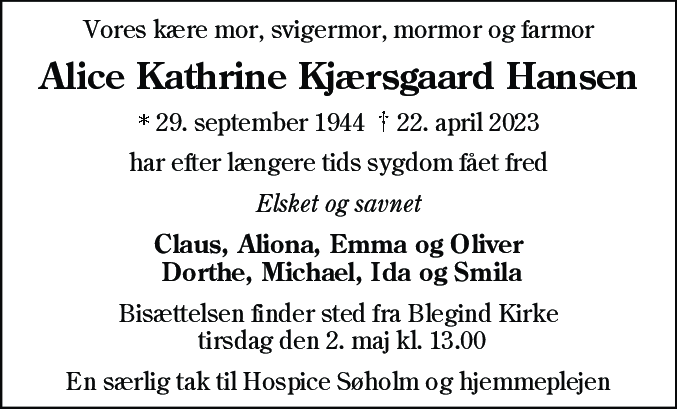 Dødsannonce for Alice Kathrine Kjærsgaard Hansen