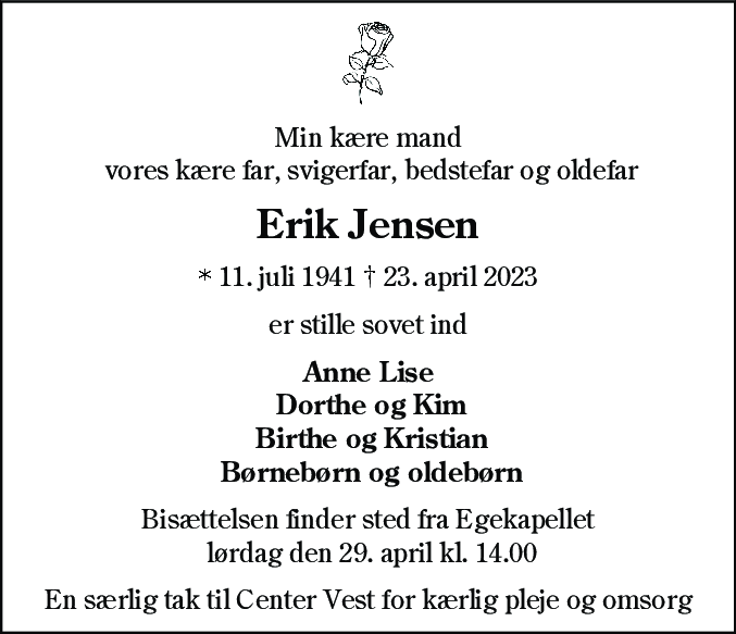 Dødsannonce for Erik Jensen