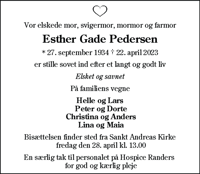 Dødsannonce for Esther Gade Pedersen