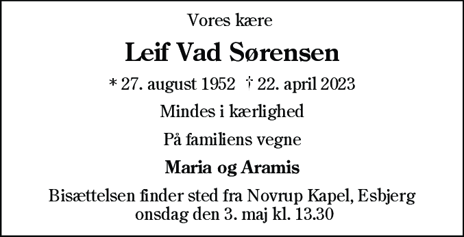 Dødsannonce for Leif Vad Sørensen