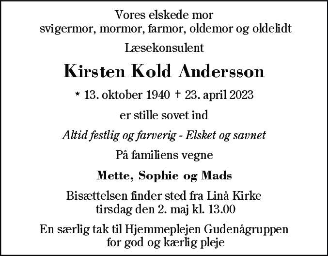 Dødsannonce for Kirsten Merete Andersson