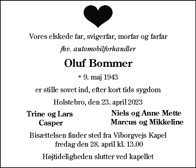 Dødsannonce for Oluf Bommer