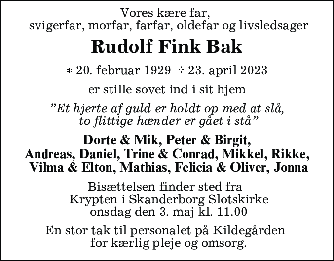 Dødsannonce for Rudolf Fink Bak