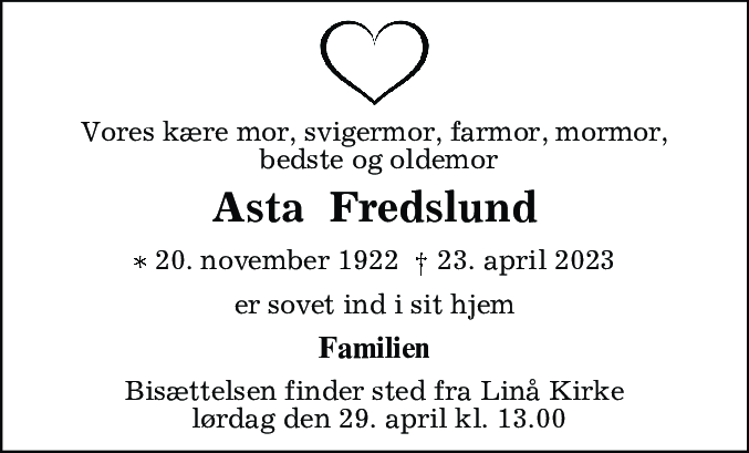 Dødsannonce for Asta Madsen