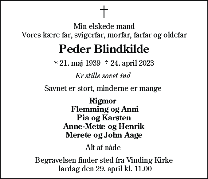 Dødsannonce for Peder Blindkilde