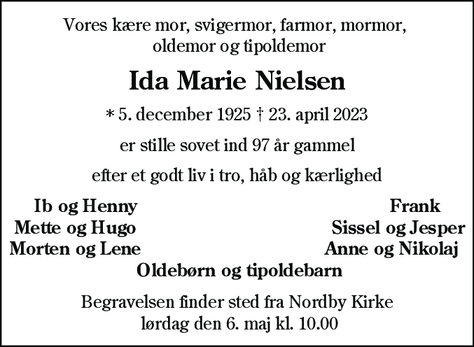 Dødsannonce for Ida Marie Nielsen